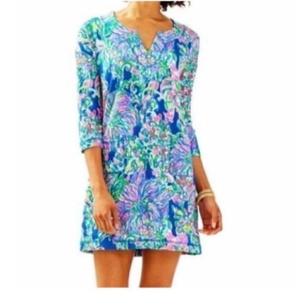 Lilly Pulitzer Women’s Size XXS Joyce Short Dress Blue Pink Green Floral Y Neck
